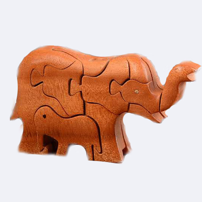 木制动物大象积木儿童玩具拼插拼图榫卯积木模型l鲁班锁 酒红色母子