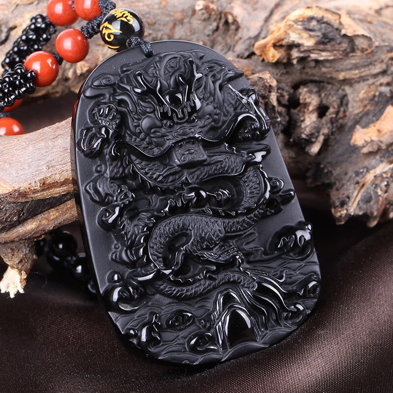 勋狸粑天然冰种彩虹眼黑曜石龙牌吊坠金曜石四海龙王男士项链水晶挂件