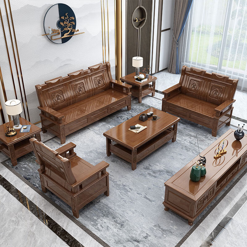 位家用客厅小户型冬夏两用中式沙发农村茶 (海棠色) 三人位 长茶几