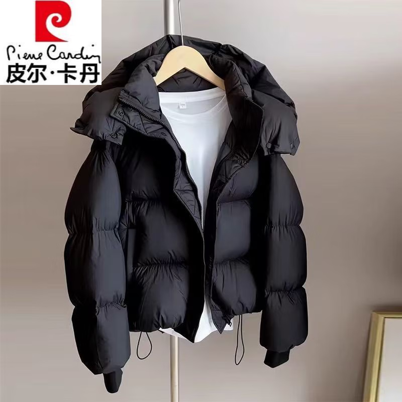 皮尔卡丹（pierre cardin）白鸭绒羽绒服女短款2025冬季新品韩版宽松时尚保暖小个子遮肉外套 黑色 M 建议110-130斤
