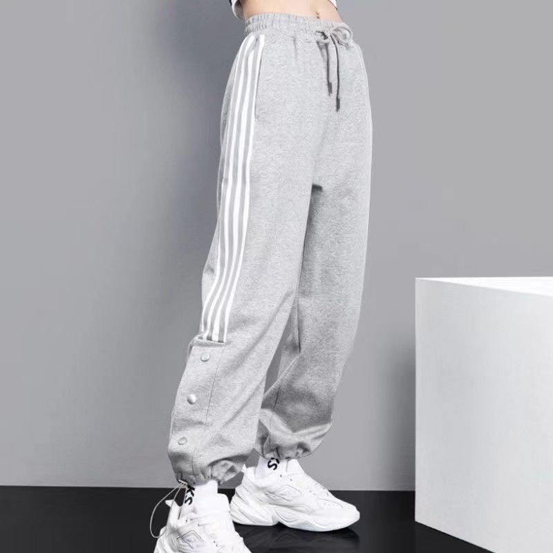 秋季新款运动裤女士束脚宽松哈伦裤潮流休闲排扣拉条棉长裤子 灰色 s