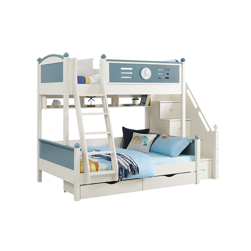 喜梦宝实木儿童床子母床高低床卧室家具男孩女孩多功能组合双层床 高低床+梯柜+床中书架+床下抽屉 1.2*1.9米