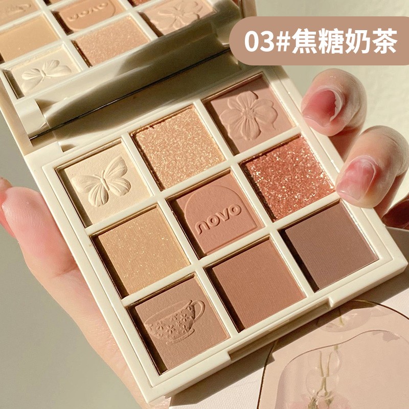 NOVO九色眼影盘奶茶大地色珠光哑光裸妆学生初学者细闪服帖眼影盘 3#焦糖奶茶