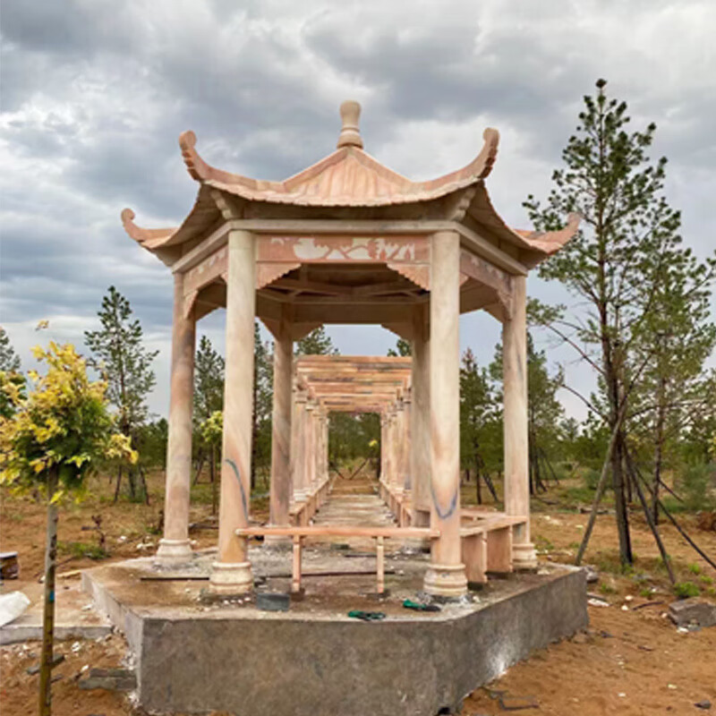 瀛乐 石雕凉亭晚霞红六角亭子大理石亭子长廊公园庭院小区园林景观雕