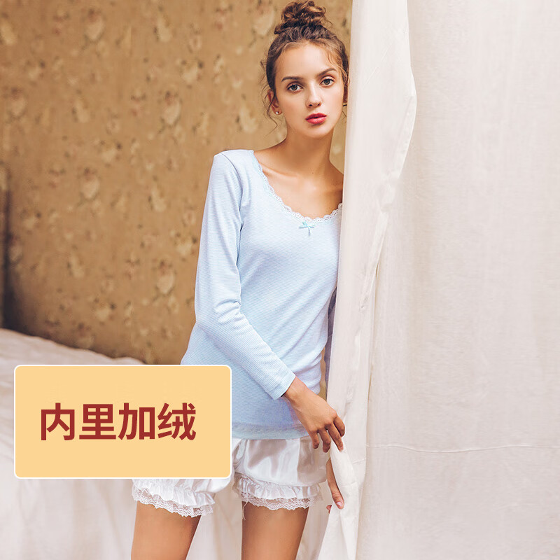 芬腾375克重磅内里加绒保暖内衣打底上衣莫代尔面料蕾丝花边女士秋衣 橙色 均码（80-130斤）