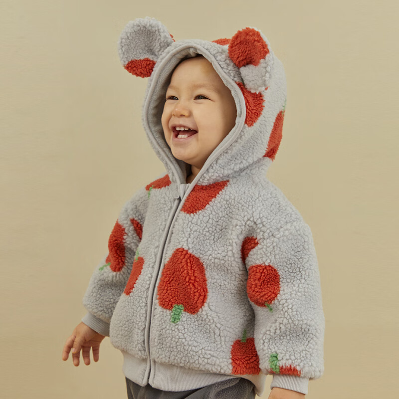 papa爬爬冬季新款男女宝宝羊羔绒外套婴儿开衫上衣保暖洋气可爱 灰色 90 cm