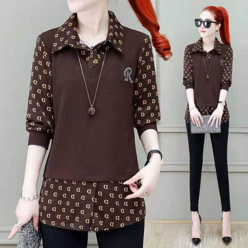 勒足假两件衬衫上衣女长袖秋装新款时尚气质碎花拼接显瘦打底衬 字母d