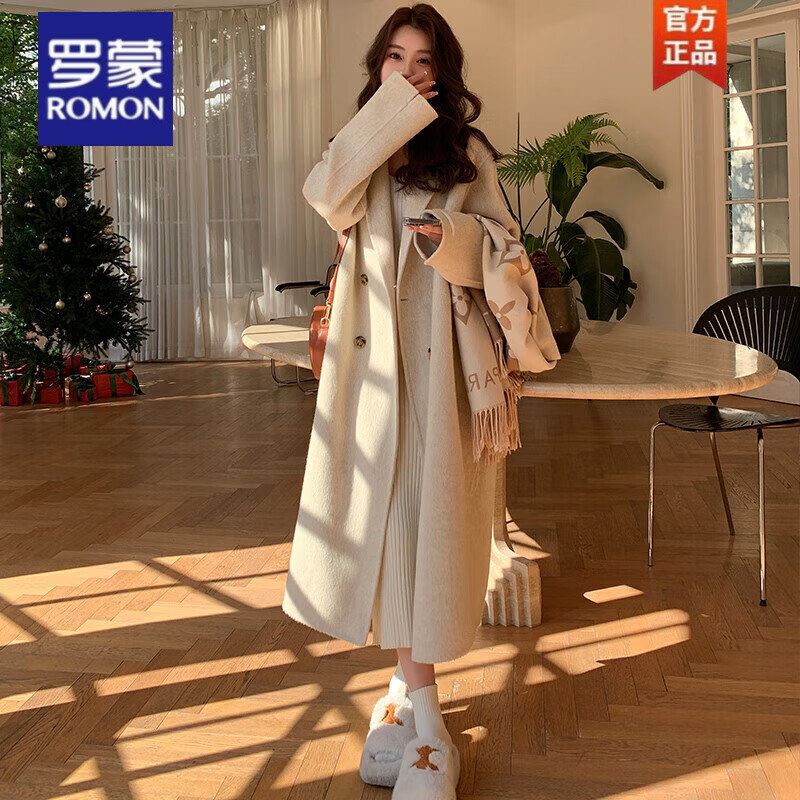 罗蒙（ROMON）双面羊绒呢大衣女春秋季高级感气质宽松显瘦秋冬季长款毛呢外套潮 燕麦白色 S[101斤-120斤]属于什么档次？