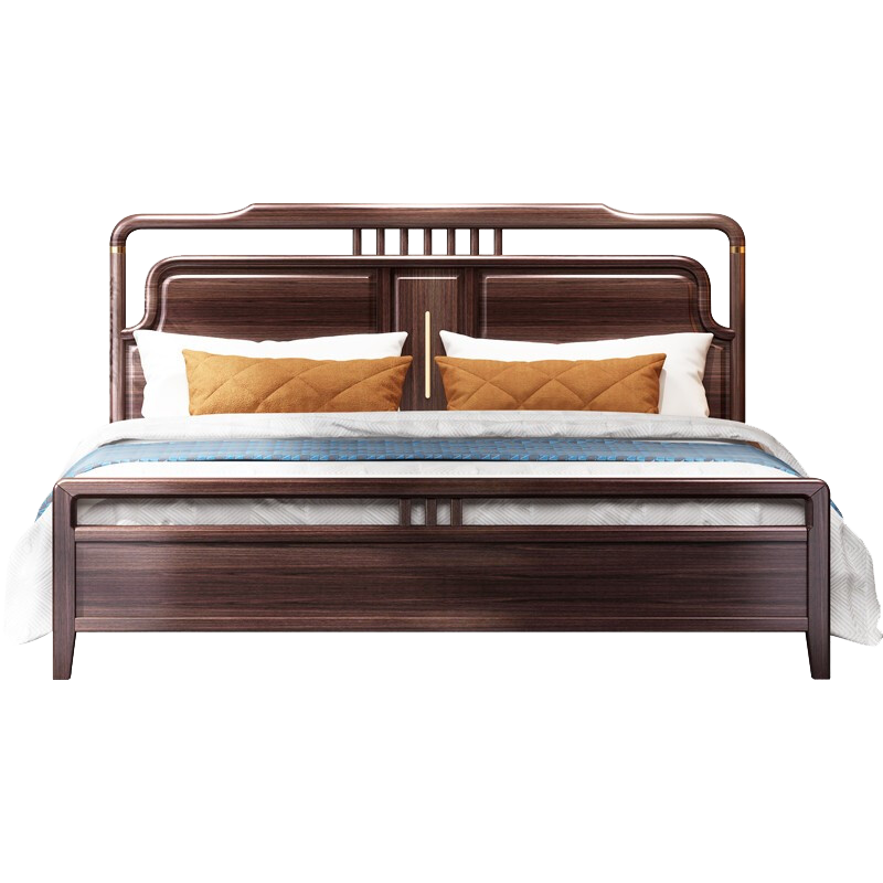 景腾 床 新中式实木床主卧双人床1.8米大床金丝檀木高箱储物轻奢婚床卧室家具 床+床头柜x1 1.5米*2米标准款