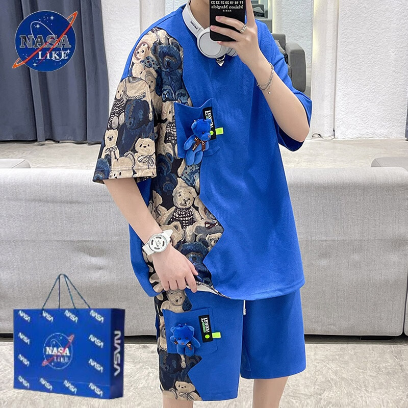 nasalike联名潮牌短袖t恤男夏季运动休闲套装潮流青少年学生宽松拼接