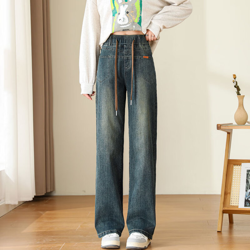 逗菁初中学生冬天穿的牛仔裤女生少直筒加绒女秋冬加厚大童中阔腿高中