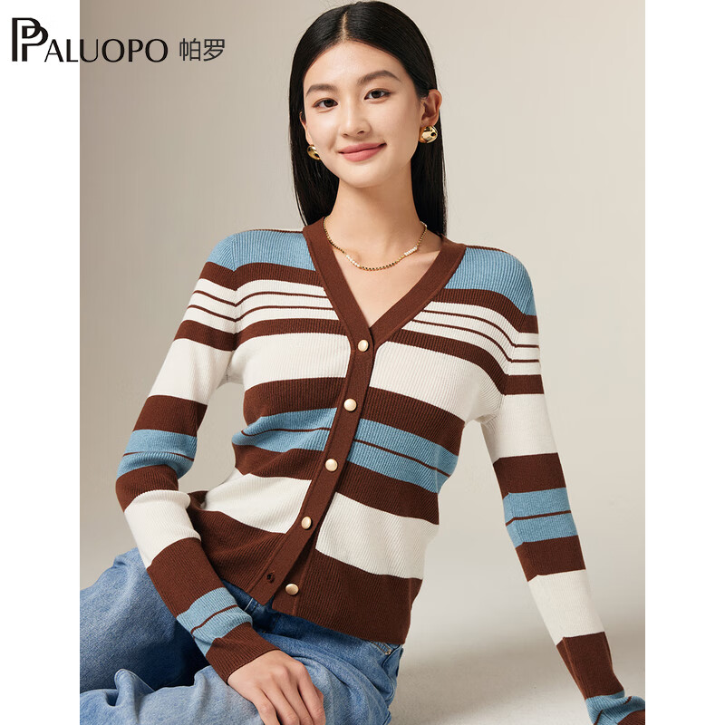 帕罗(PALUOPO)2025春季针织衫长袖条纹开衫时尚打底内搭修身显瘦女上衣短羊毛衫 花棕 M 160/100