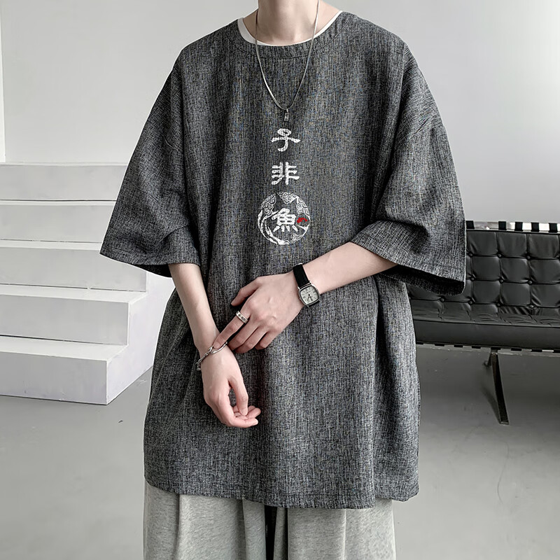 禾回麻布衣服男国潮新中式男装亚麻短袖男夏季做旧古着冰丝速干衣服日