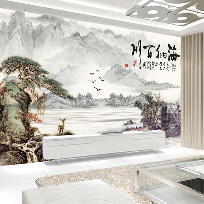 仁聚益新中式水墨画壁布电视背景墙壁画8d大气现代简约山水画中式墙纸