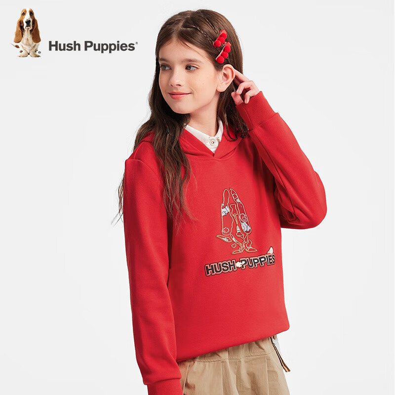 暇步士(Hush Puppies)【新年系列】童装冬季男女童新款保暖舒适喜庆吉祥国潮风卫衣 珊瑚红 【青少款】 130