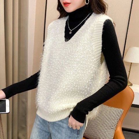 御仕达女士毛衣马甲背心针织女宽松外穿马夹2020新款v领韩版亮丝上衣