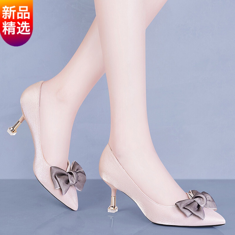 高跟鞋浅口中跟女士皮鞋猫跟鞋韩版时尚百搭蝴蝶结女士鞋子时装鞋艾优