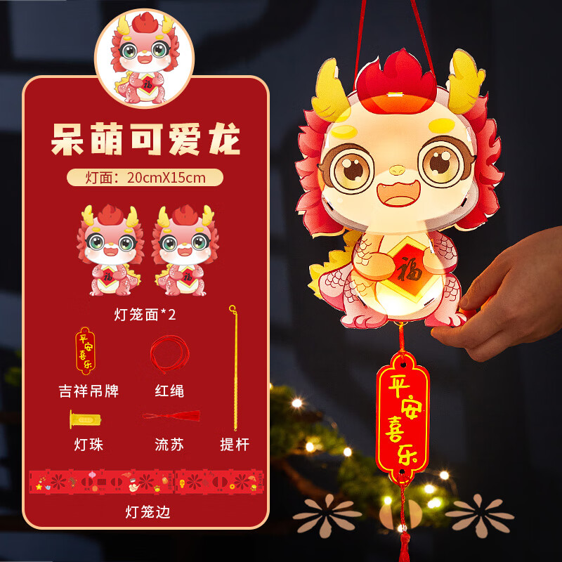 2024新款过龙年卡通手工diy材料包春节生肖儿童手提小灯笼花龙灯 呆萌