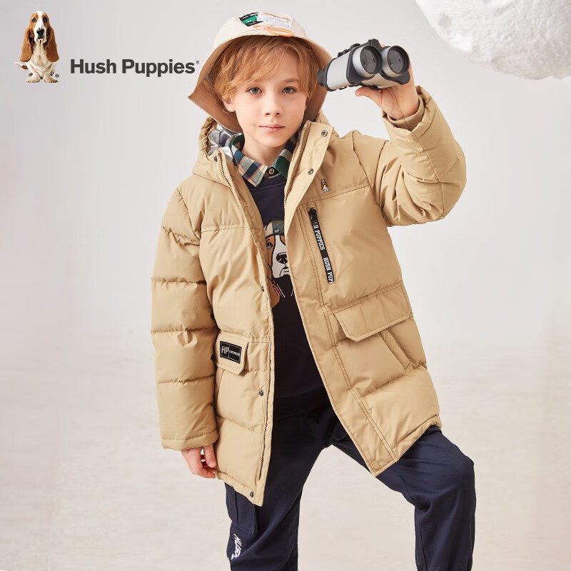 暇步士(Hush Puppies)童装儿童羽绒服男童女童冬季新款男女大童保暖连帽三防羽绒服 暖卡其 130