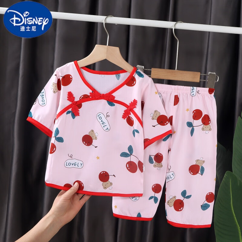 迪士尼（Disney）2023新款宝宝夏装套装婴儿绵绸衣服女宝女童人造棉棉绸套服中国风 樱桃小熊 100cm