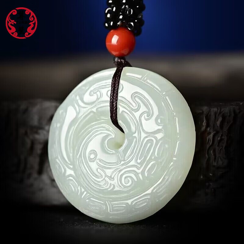 尊璧新疆和田玉白玉时来运转平安扣吊坠仿古龙牌挂件男女玉石项链