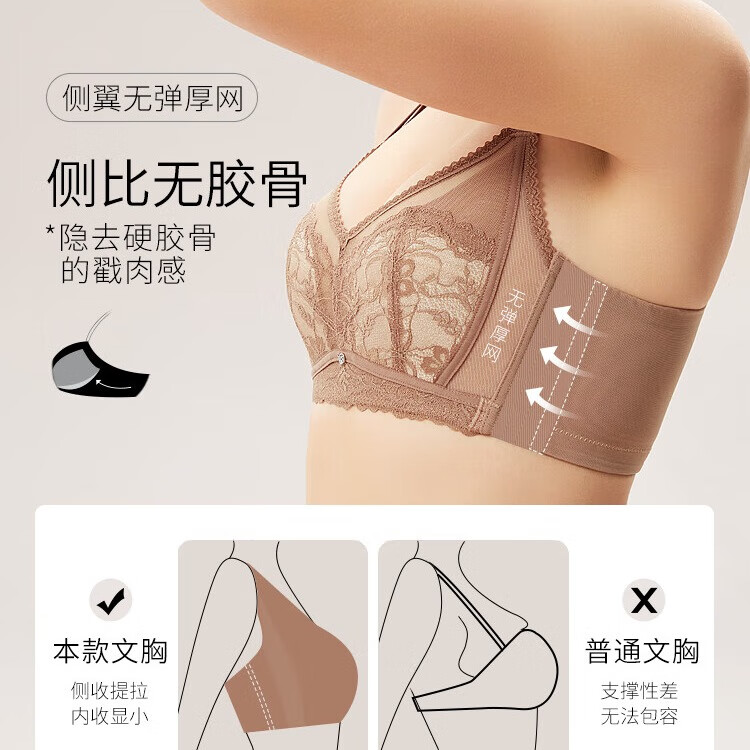 千奈美调整型侧比无胶骨薄款无钢圈收副乳防下垂大胸显小文胸罩 茶驼色 80C