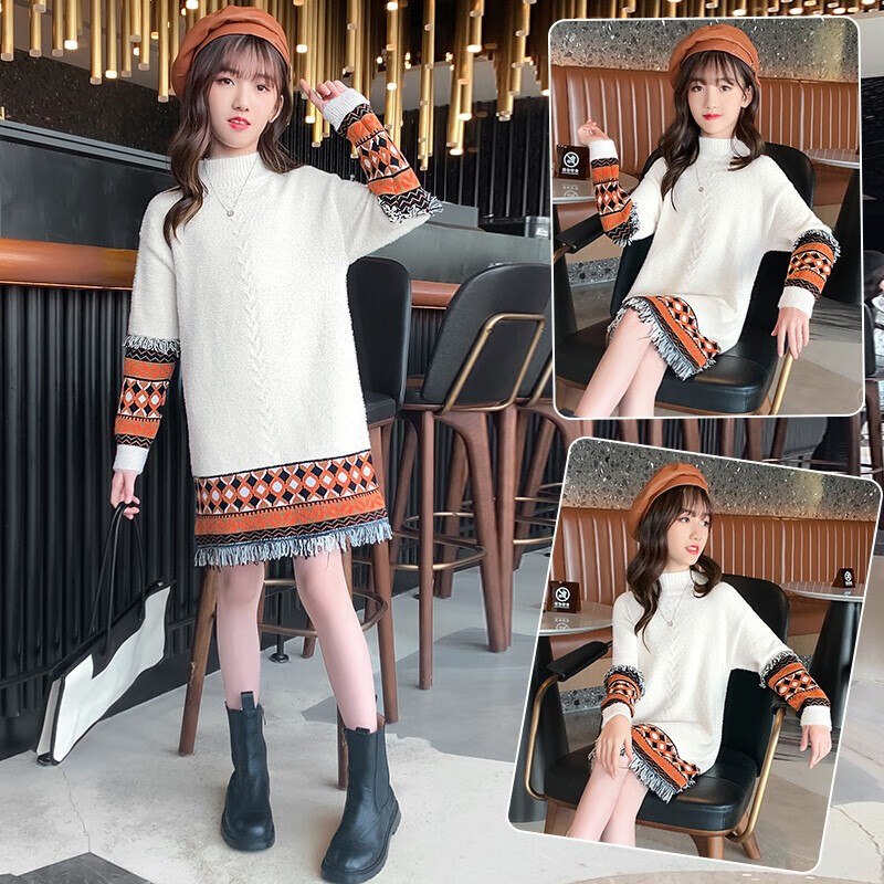 长款保暖毛衣6-8-12小女孩韩版流苏毛衣裙10-15岁女生时尚百搭针织衫