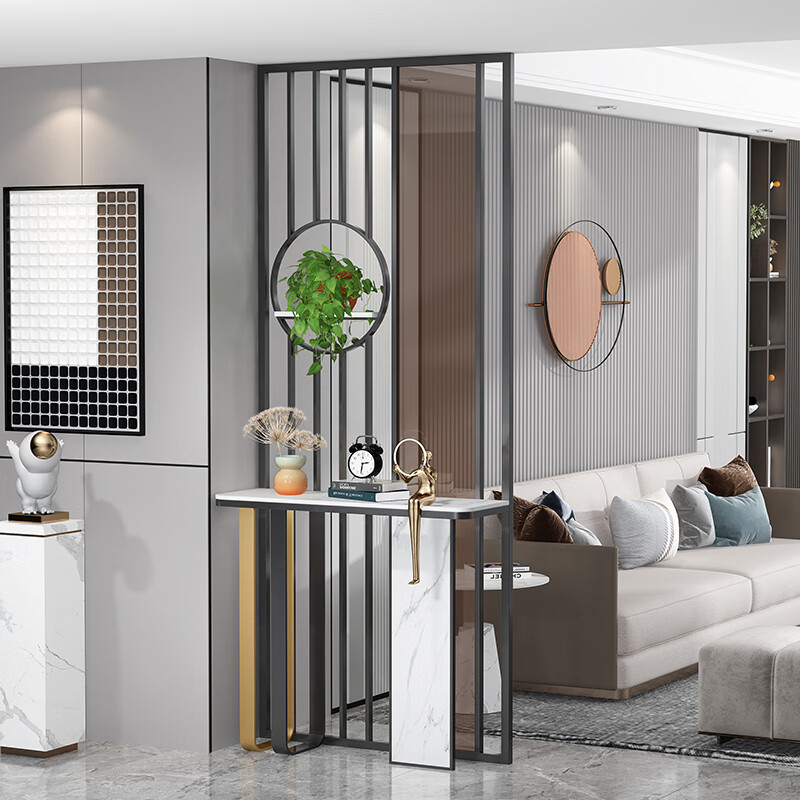 吉梵棠轻奢茶色玻璃屏风隔断客厅简约岩板台面置物玄关隔断屏风墙遮挡