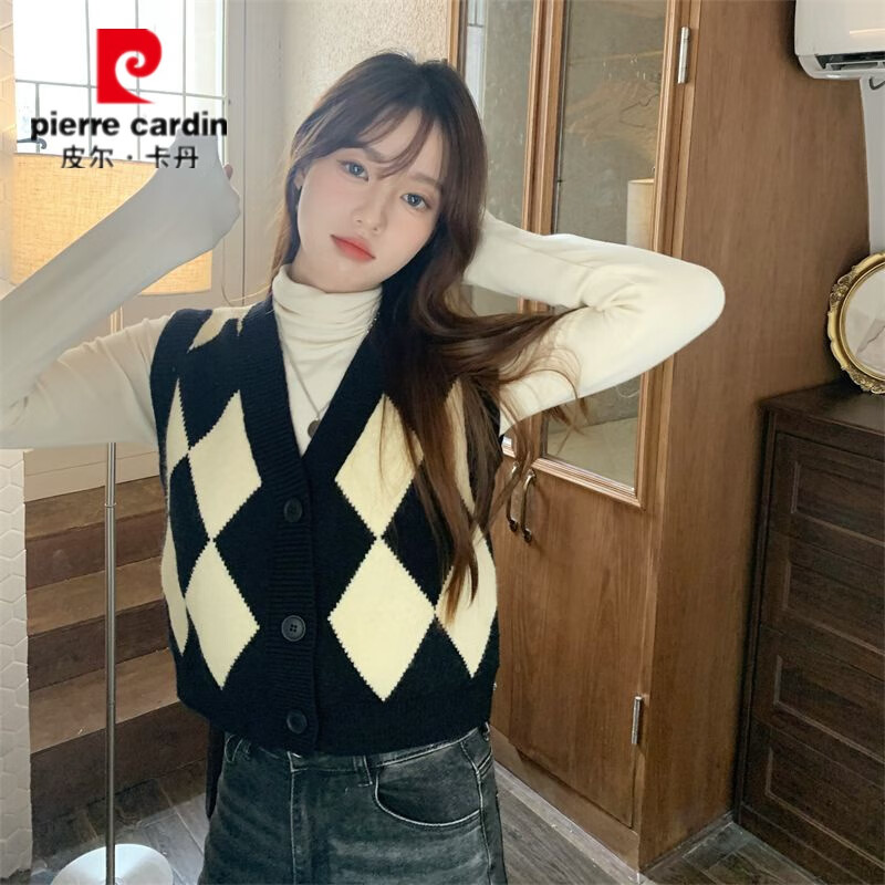 皮尔卡丹2025年春秋开衫上衣复古叠穿毛衣马夹菱格针织短款背心马甲女 黑+杏 马甲单件 L 105-120斤