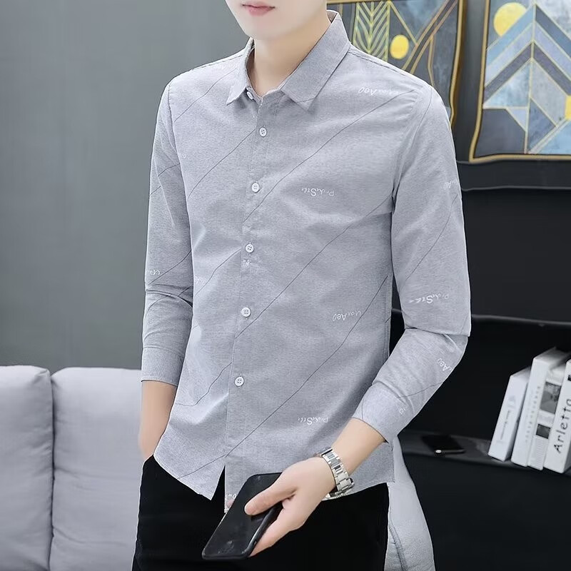 嘉晔(JIAYE)男士长袖衬衫春秋季潮流帅气休闲衬衣男上衣服W 9909灰色 XL