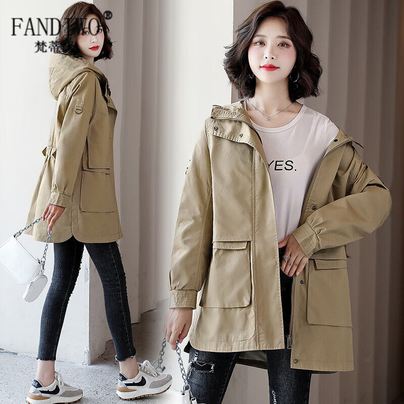 梵蒂沃（FANDIWO）品牌外套女2023新款韩版宽松女士百搭休闲工装连帽流行风衣女 卡其色 M