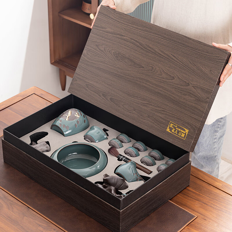 家用可养可开片泡茶神器现代泡茶杯整套礼盒 哥窑荷韵自动茶具-礼盒装