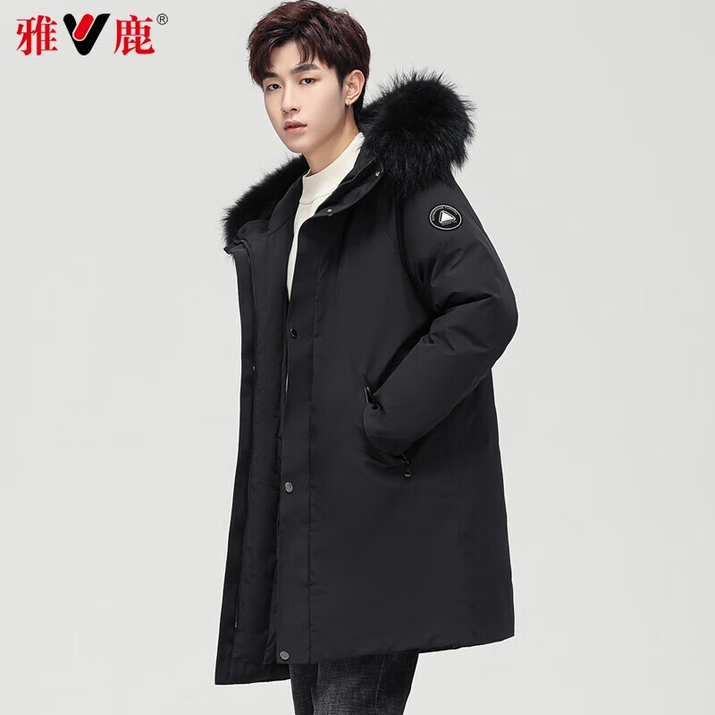 雅鹿羽绒服男中长款秋冬连帽加厚貂子毛领保暖时尚休闲外套派克服男 黑色 3XL