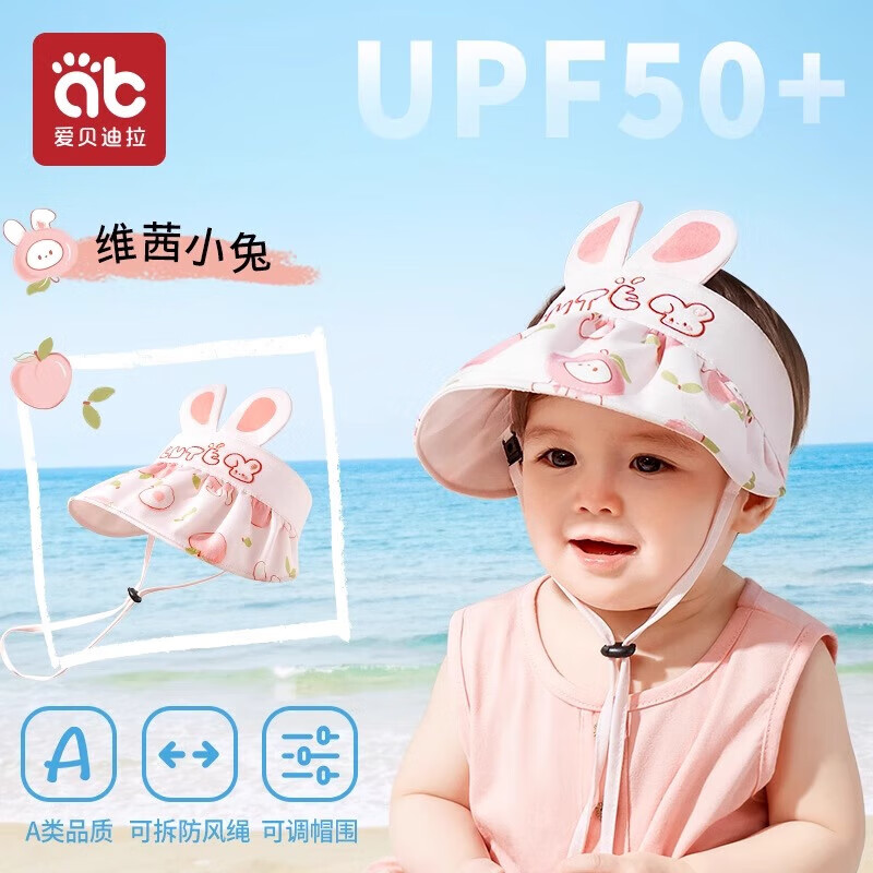 爱贝迪拉（AIBEDILA）婴儿遮阳太阳帽男童女童防紫外线空顶夏季儿童防晒帽宝宝帽子薄款 维茜小兔【10cm大帽檐】防风 头围可调44-48cm【UPF50】