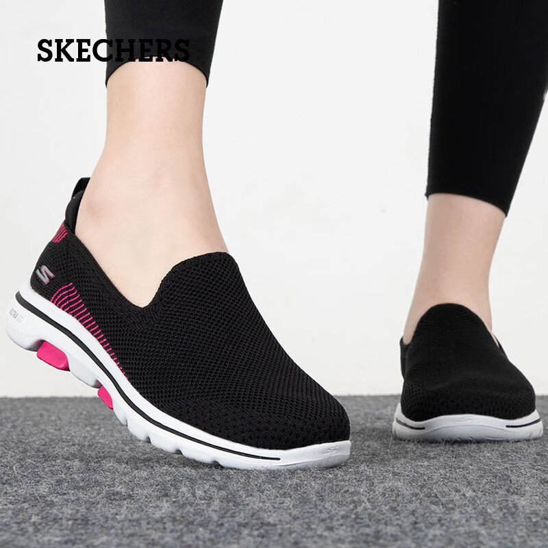 斯凯奇（Skechers）休闲运动鞋一脚蹬减震健步鞋女子网面轻便懒人鞋 BKPK黑色/粉红色 39