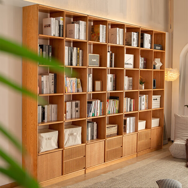 樱桃木去客厅化书柜一面墙定制尺寸定做实木家用图书馆书架整墙 红