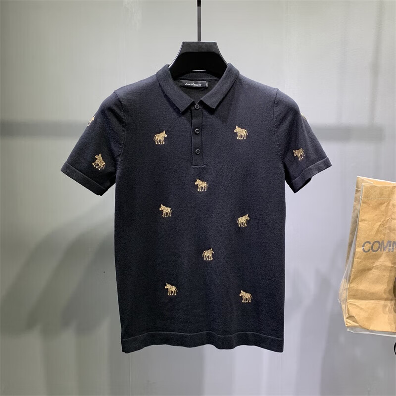 LUO ELEMENT短袖毛衣翻领秋冬男休闲针织POLO衫半袖青年绣花百搭潮牌针织衫帅 黑色 M