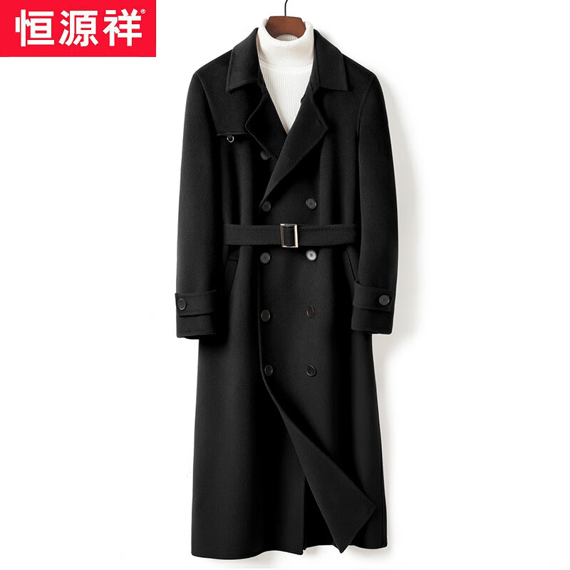 恒源祥双面羊绒大衣男长款过膝羊毛双排扣羊毛呢子外套加绒加厚防风