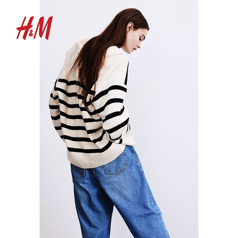 H&M女装毛针织衫2024春季新款休闲罗纹V领Polo衫式长袖套衫1208875 黑色/白色条纹 155/80