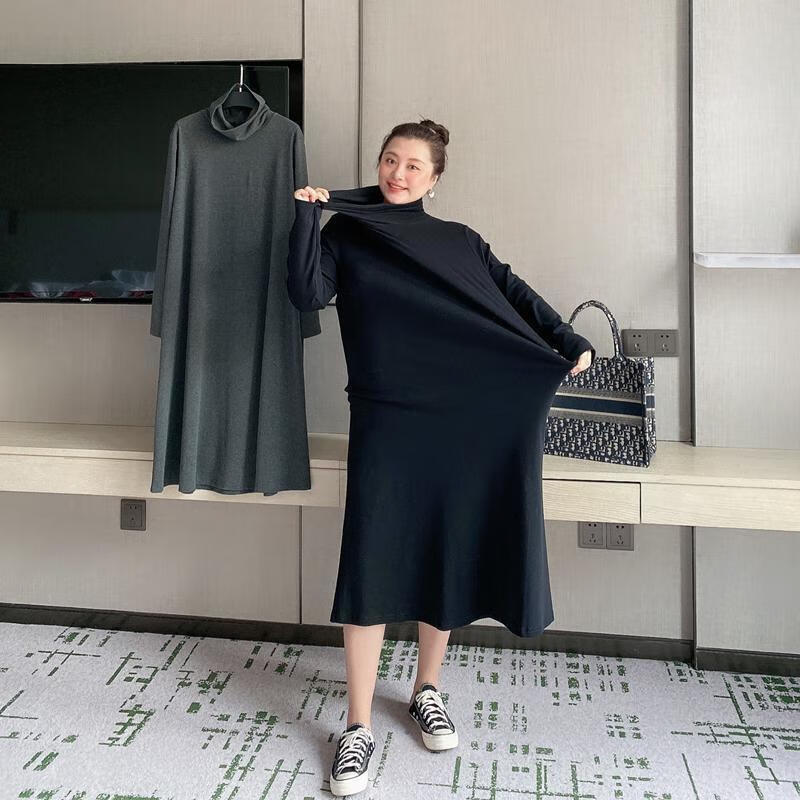 璀典胖女孩连衣秋冬装穿搭胖mm2-300斤超大码加绒连衣裙女高领内搭打
