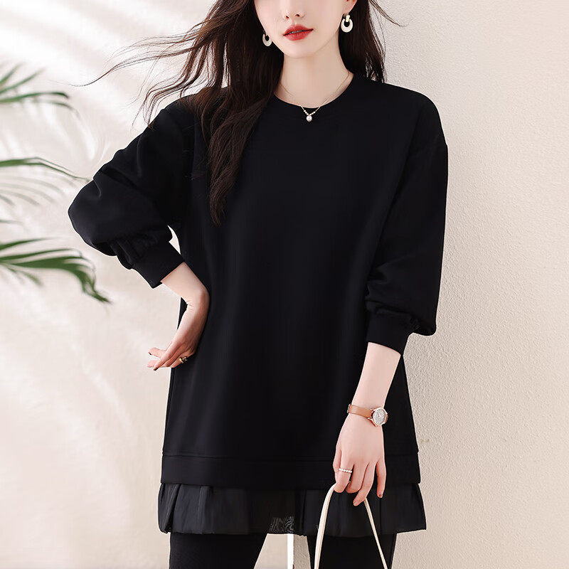莎妮朵罗大码女装卫衣女宽松胖mm秋装新款中长款微胖遮肚T恤女上衣20490 黑色 L 建议100-115斤穿着