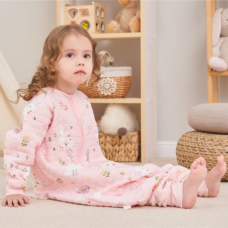 甜蜜礼物春秋冬季棉分腿睡袋婴幼儿童男女宝宝防踢被夹棉款秋冬季新款睡衣 空气层三拉头《18-24度》粉兔子 100码《身高90-100CM》2-4岁