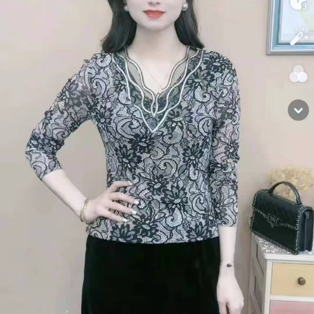 she)30岁网纱性感女打底衫可外穿春秋季新款洋气印花t恤内搭小衫中年