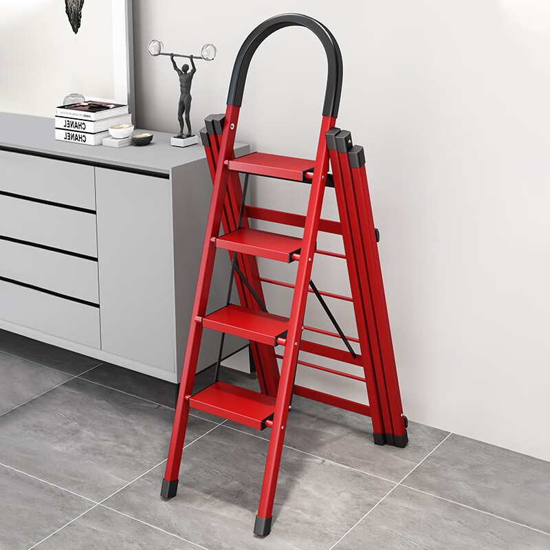 优只梯子家用人字梯晾衣架阳台两用多功能折叠梯 红色四步梯-免装晾晒