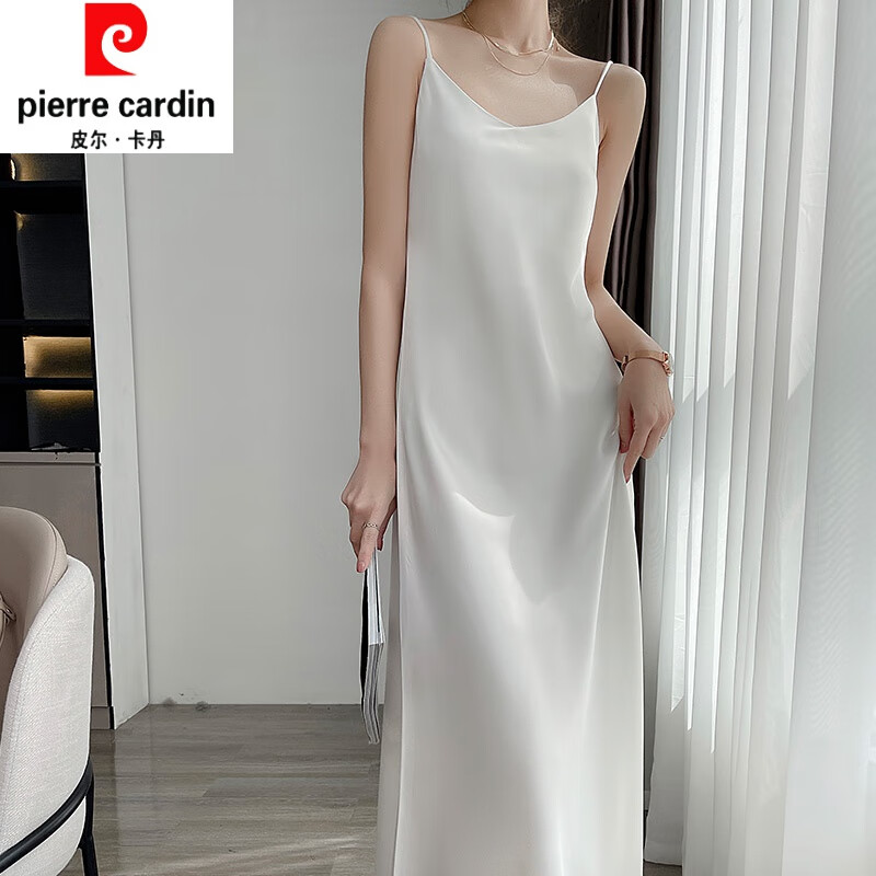 皮尔卡丹（pierrecardin）三醋酸真丝吊带连衣裙女夏季宽松内搭长裙法式设计感仙女缎面小众 白色 S