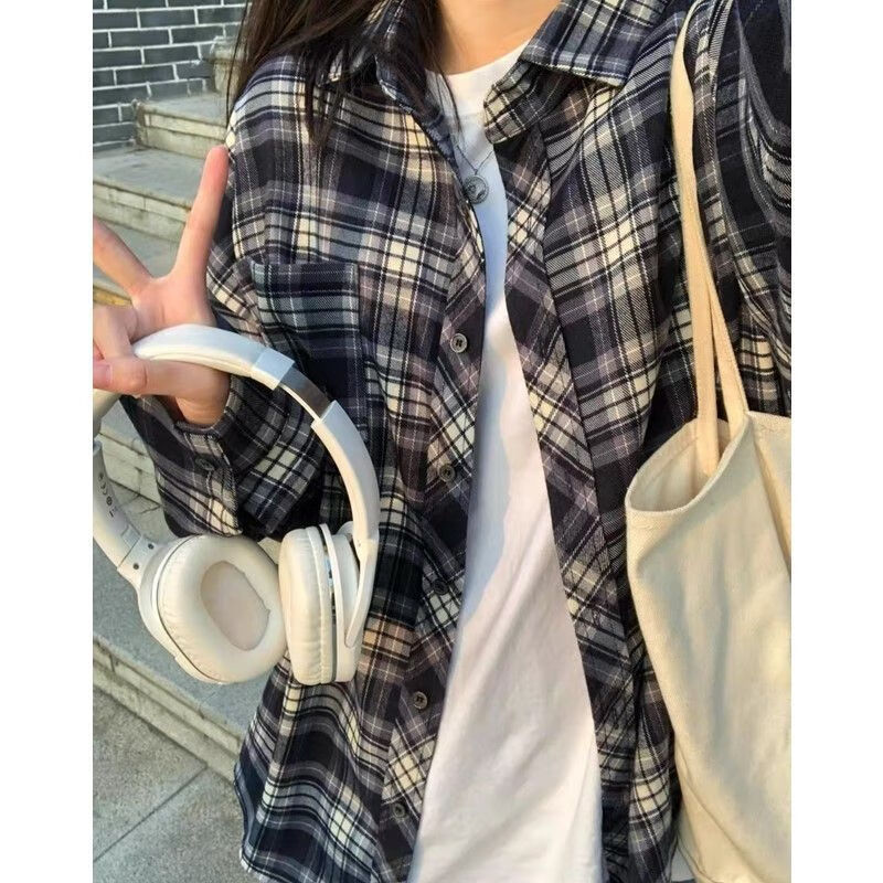 雷黛茜港味chic格子衬衫宽松慵懒风美式复古2024春秋外穿开衫冬 藏青格子【100%】 S