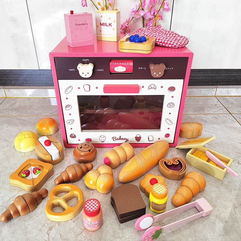 众舰行新款草莓木制烤箱儿童过家家日式微波炉仿真烤面包机玩具宝宝礼物 高配小熊烤箱(25件套)