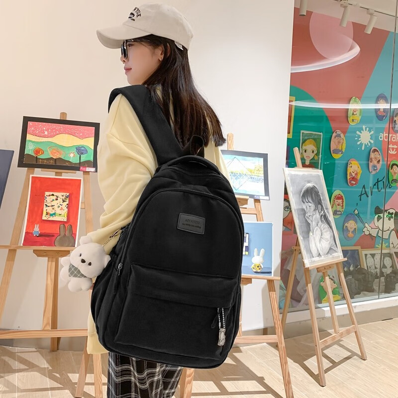 辰叙双肩包女2024新款背包大容量韩版简约纯色女生初中学生高中书包 黑色【小熊挂件】