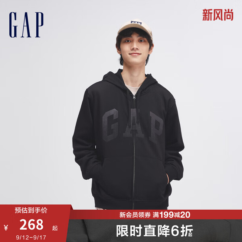 Gap男女装春季2024新款LOGO连帽法式圈织软卫衣885513外套 黑色 175/96A(L)亚洲尺码