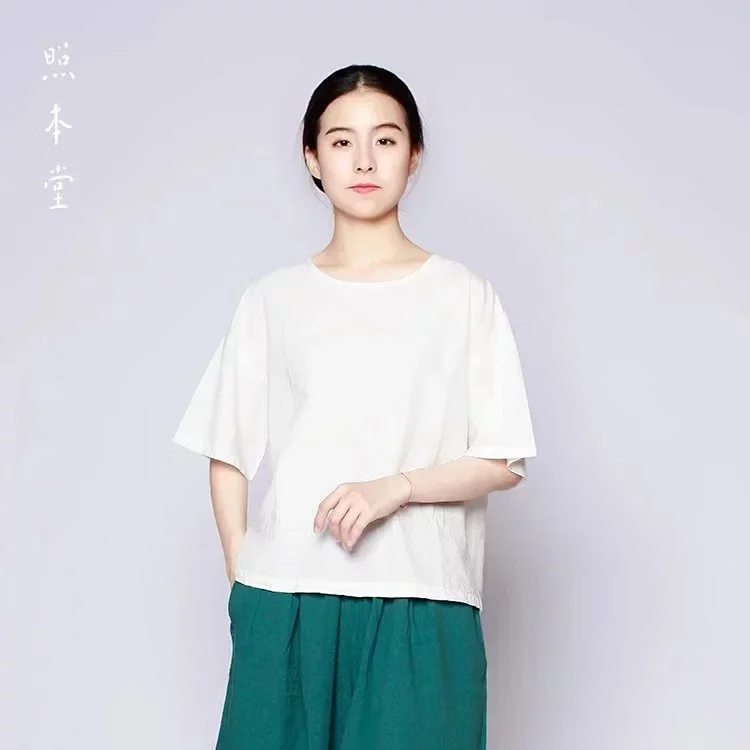 照本堂女装设计风手染亲肤棉麻30支女装圆领衫文艺t恤w1212 本白 均码